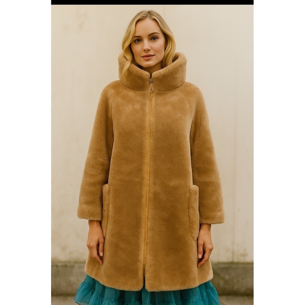 Borgana 1950-60s Faux Fur Med Long Coat Camel Color Full Zip High Collar Pockets